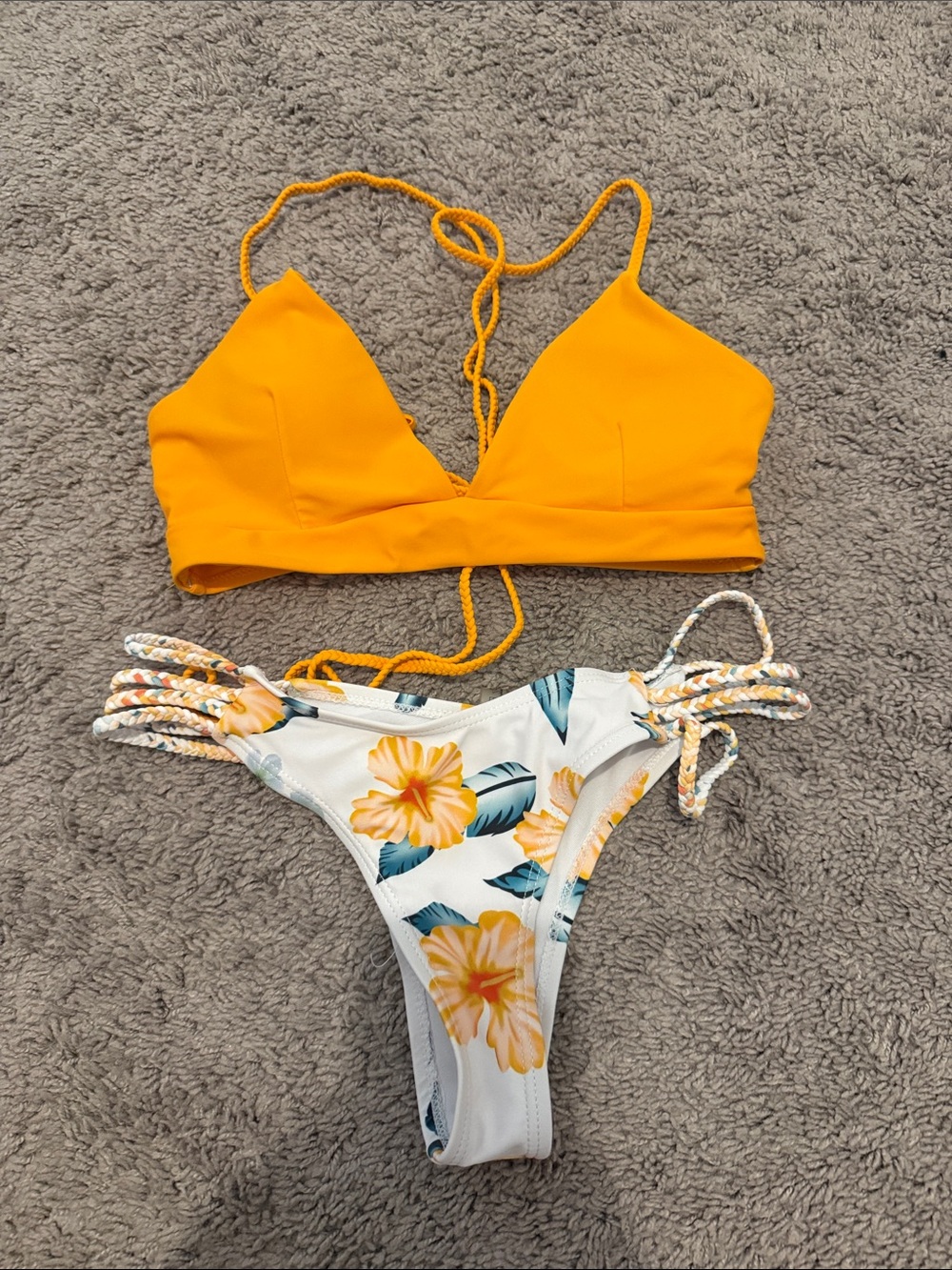 Zaful Yellow Triangle Bikini Top with Floral Side-Tie Bottoms